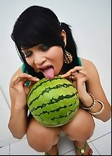 Petite Asian shemale with Big Tits fucking a watermelon